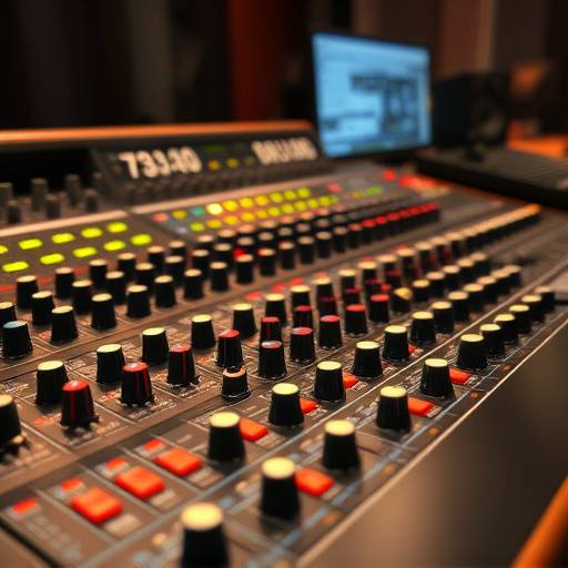 Imagem de uma mesa de mixagem profissional com diversos controles e knobs, usada para ajustar o som.